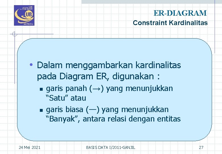 ER-DIAGRAM Constraint Kardinalitas • Dalam menggambarkan kardinalitas pada Diagram ER, digunakan : n n