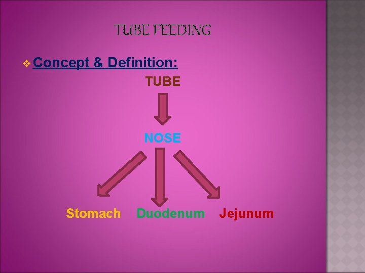 TUBE FEEDING v Concept & Definition: TUBE NOSE Stomach Duodenum Jejunum 