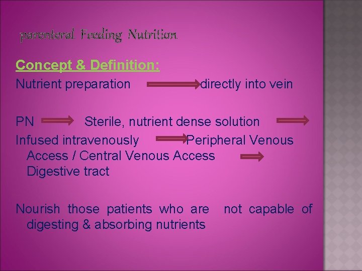 parenteral Feeding Nutrition Concept & Definition: Nutrient preparation directly into vein PN Sterile, nutrient