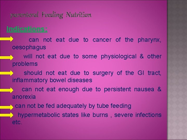 parenteral Feeding Nutrition Indications: can not eat due to cancer of the pharynx, oesophagus