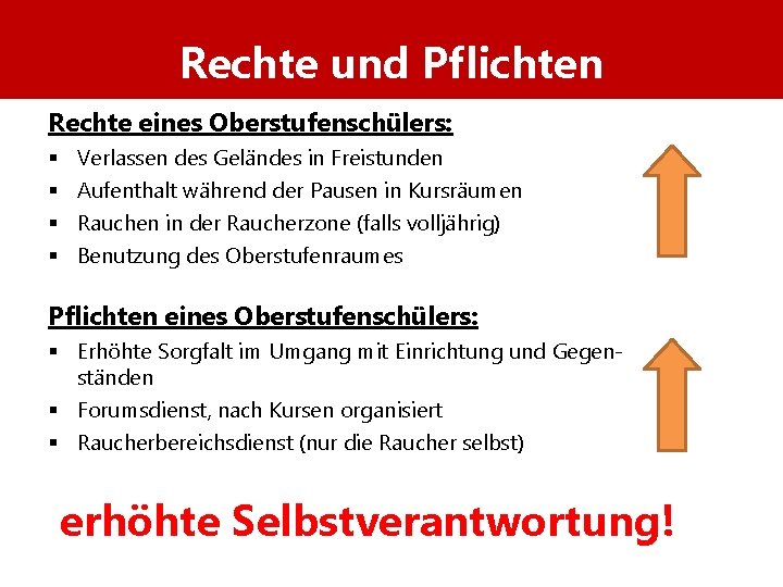 Rechte und Pflichten Rechte eines Oberstufenschülers: § § Verlassen des Geländes in Freistunden Aufenthalt