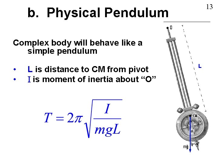 13 b. Physical Pendulum Complex body will behave like a simple pendulum • •