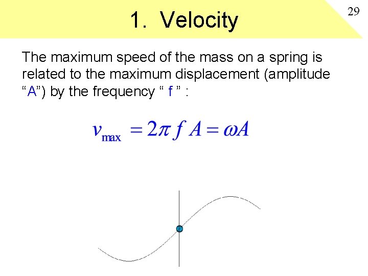 1. Velocity The maximum speed of the mass on a spring is related to