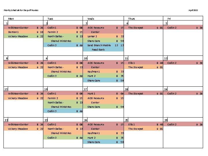Priority Schedule for Drop-off Routes April 2011 Mon Tues 1 Weds 2 Thurs 3