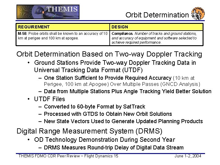 Orbit Determination REQUIREMENT DESIGN M-58. Probe orbits shall be known to an accuracy of