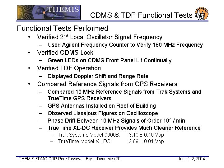 CDMS & TDF Functional Tests Performed • Verified 2 nd Local Oscillator Signal Frequency