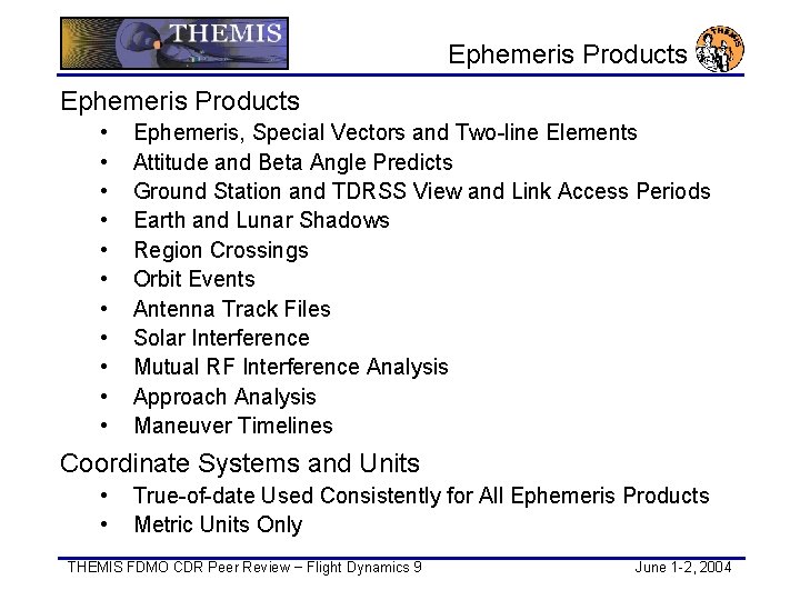 Ephemeris Products • • • Ephemeris, Special Vectors and Two-line Elements Attitude and Beta