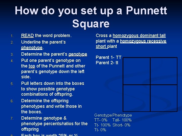 How do you set up a Punnett Square 1. 2. 3. 4. 5. 6.