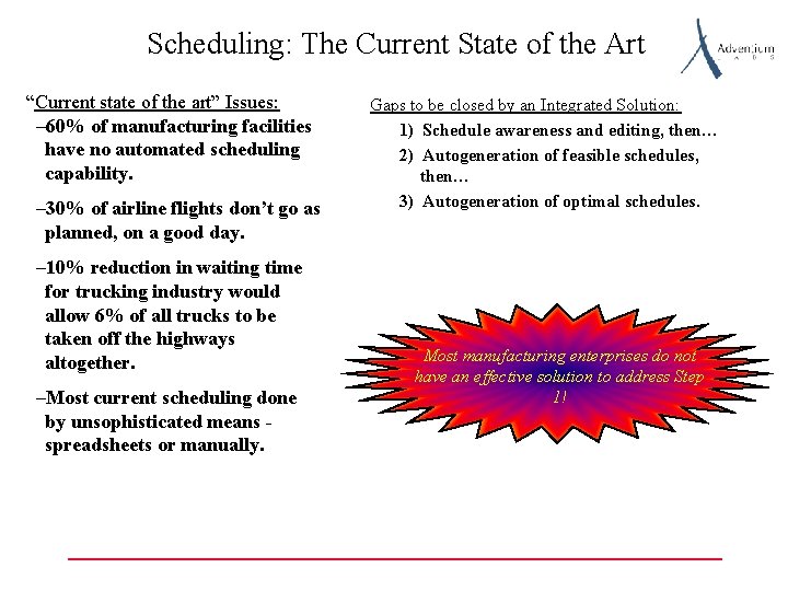 Scheduling: The Current State of the Art “Current state of the art” Issues: –