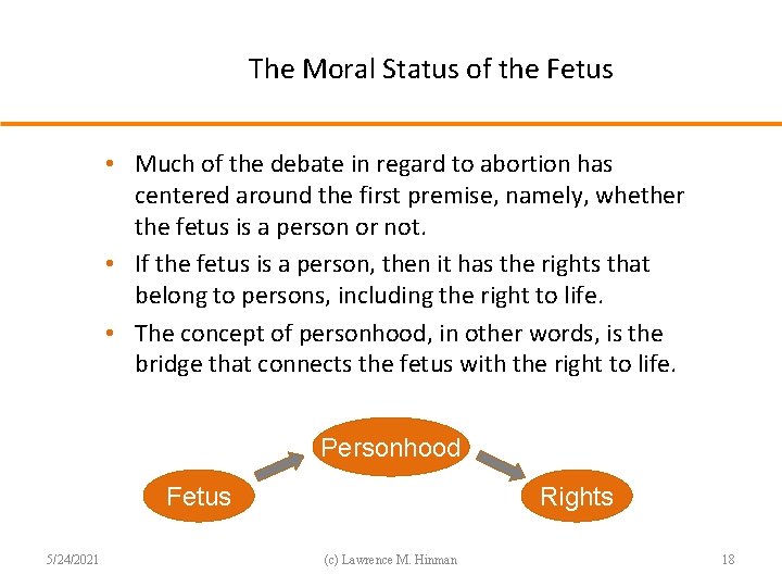 The Moral Status of the Fetus • Much of the debate in regard to
