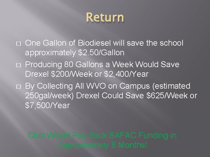 Return � � � One Gallon of Biodiesel will save the school approximately $2.