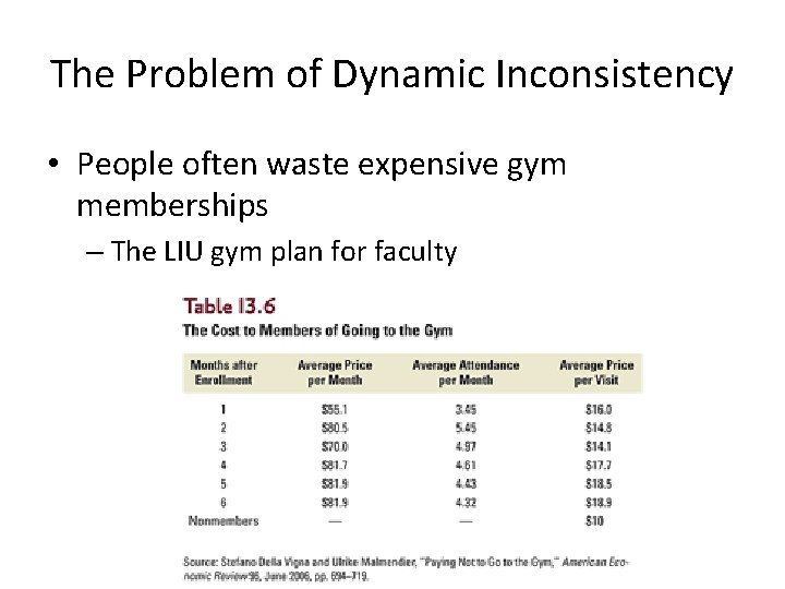 The Problem of Dynamic Inconsistency • People often waste expensive gym memberships – The