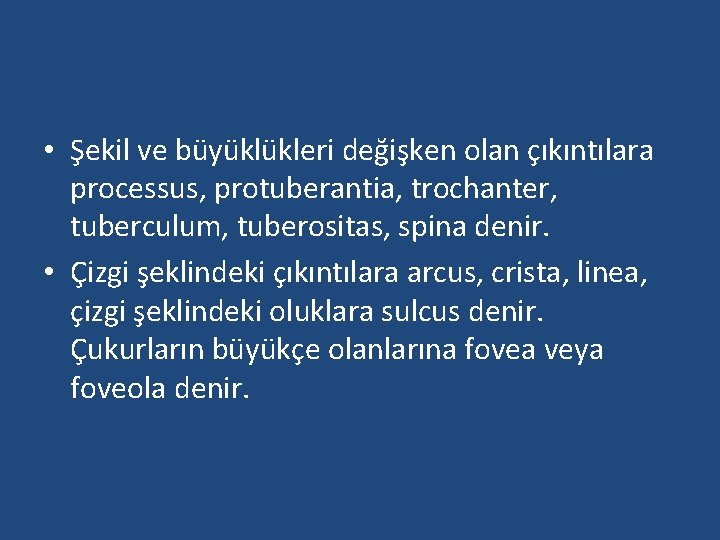  • Şekil ve büyüklükleri değişken olan çıkıntılara processus, protuberantia, trochanter, tuberculum, tuberositas, spina