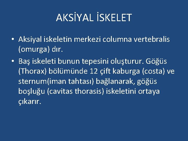 AKSİYAL İSKELET • Aksiyal iskeletin merkezi columna vertebralis (omurga) dır. • Baş iskeleti bunun