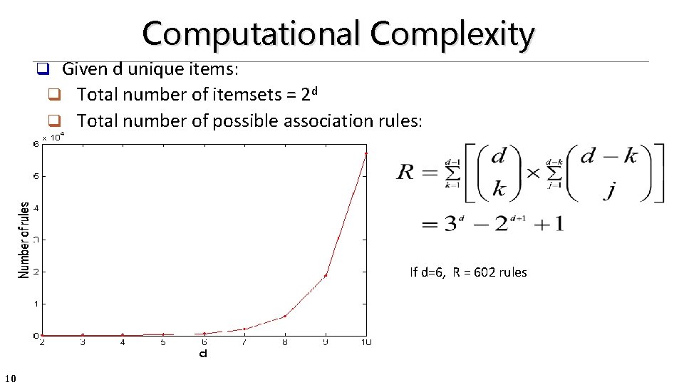 Computational Complexity Given d unique items: q Total number of itemsets = 2 d