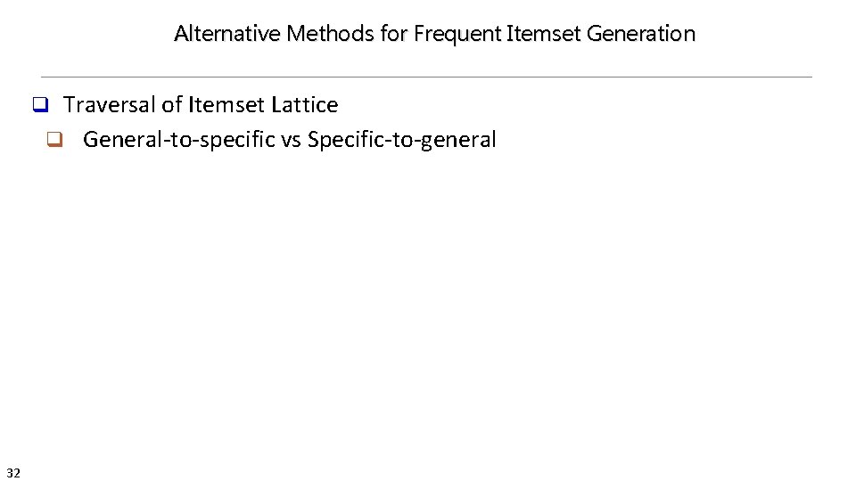 Alternative Methods for Frequent Itemset Generation Traversal of Itemset Lattice q General-to-specific vs Specific-to-general