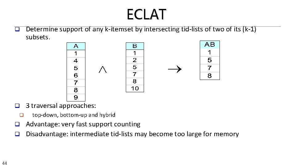 ECLAT q Determine support of any k-itemset by intersecting tid-lists of two of its