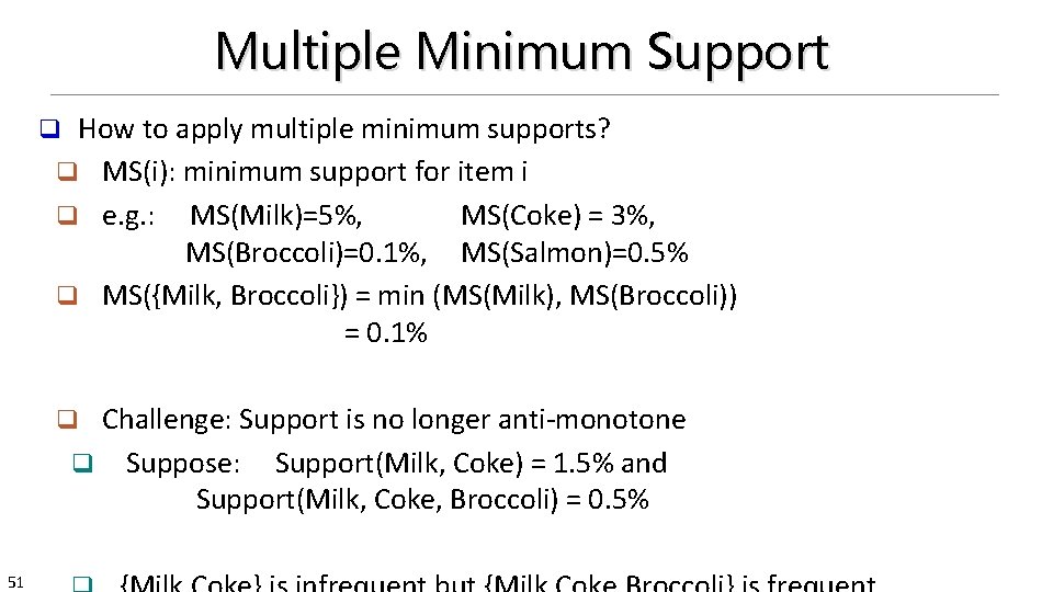 Multiple Minimum Support How to apply multiple minimum supports? q MS(i): minimum support for