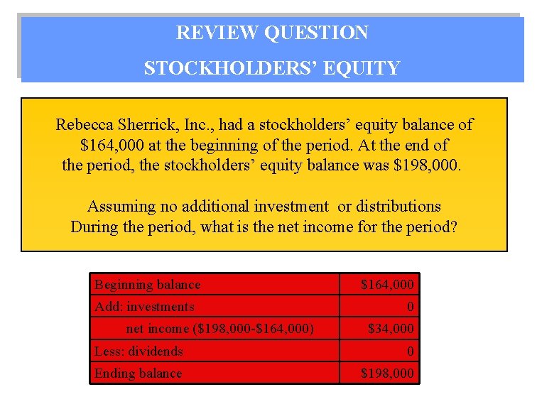 REVIEW QUESTION STOCKHOLDERS’ EQUITY Rebecca Sherrick, Inc. , had a stockholders’ equity balance of