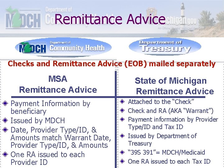 Remittance Advice Checks and Remittance Advice (EOB) mailed separately MSA Remittance Advice Payment Information