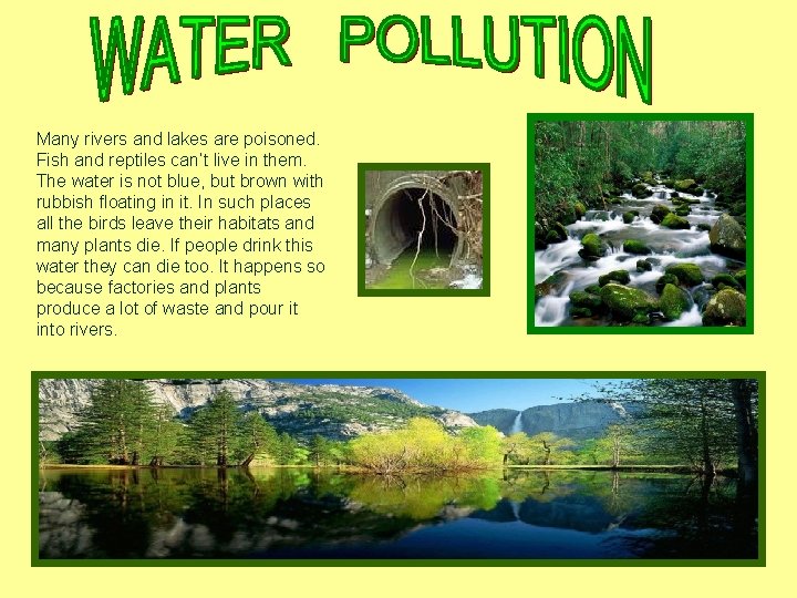 Many rivers and lakes are poisoned. Fish and reptiles can’t live in them. The