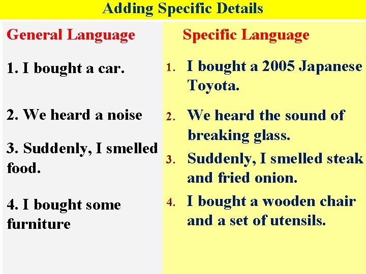 Adding Specific Details General Language Specific Language 1. I bought a car. 1. I