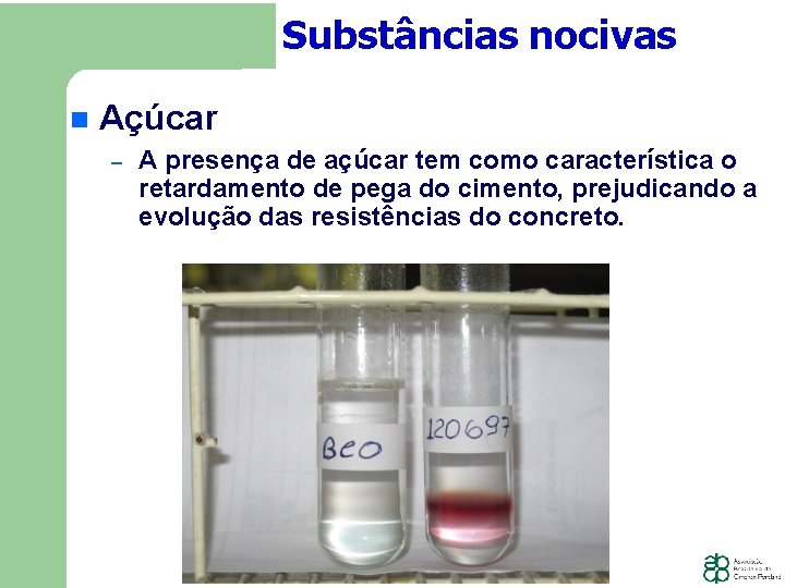 Substâncias nocivas Açúcar − A presença de açúcar tem como característica o retardamento de