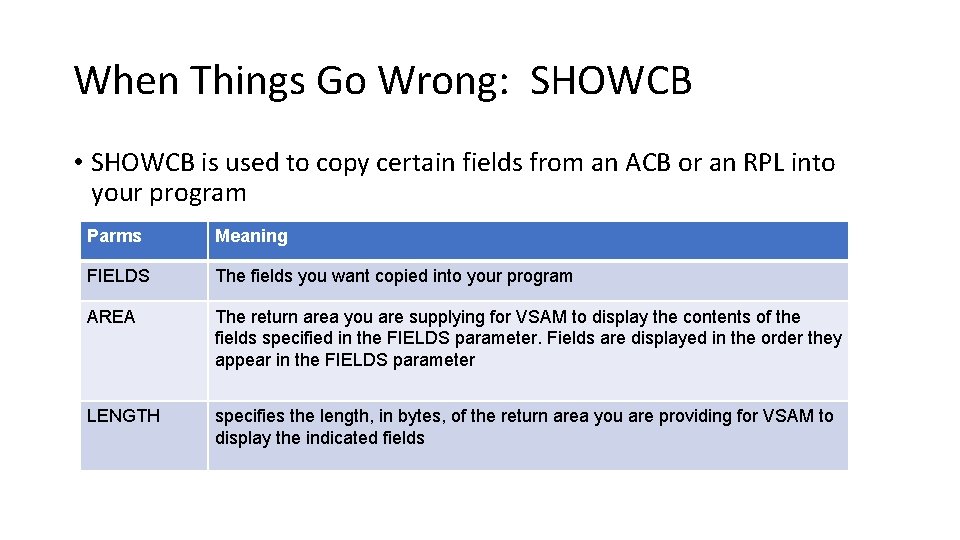 When Things Go Wrong: SHOWCB • SHOWCB is used to copy certain fields from