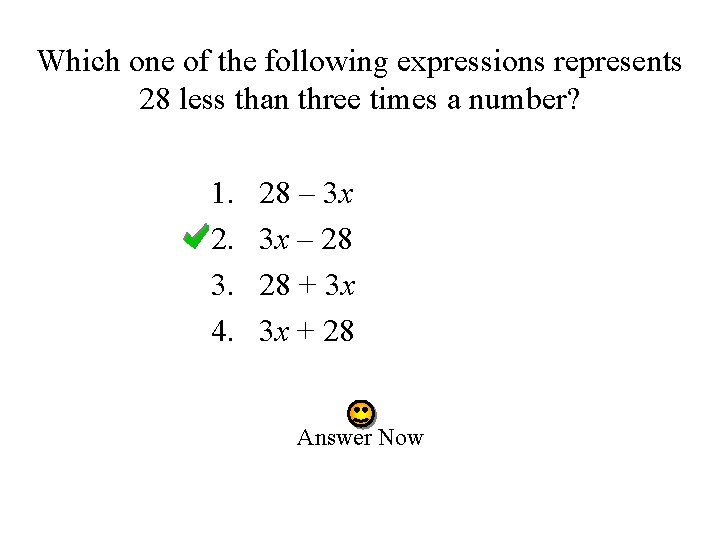 Which one of the following expressions represents 28 less than three times a number?