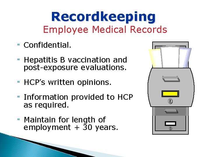 Recordkeeping Employee Medical Records Confidential. Hepatitis B vaccination and post-exposure evaluations. HCP’s written opinions.