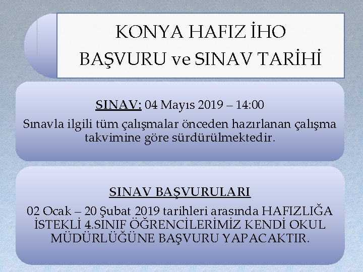 KONYA HAFIZ İHO BAŞVURU ve SINAV TARİHİ SINAV: 04 Mayıs 2019 – 14: 00