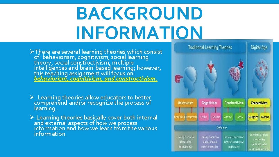 BACKGROUND INFORMATION ØThere are several learning theories which consist of: behaviorism, cognitivism, social learning