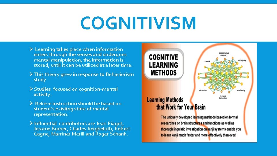 COGNITIVISM Ø Learning takes place when information enters through the senses and undergoes mental