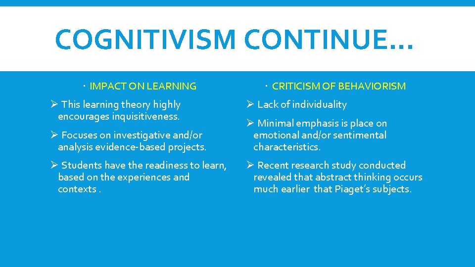 COGNITIVISM CONTINUE… IMPACT ON LEARNING Ø This learning theory highly encourages inquisitiveness. CRITICISM OF