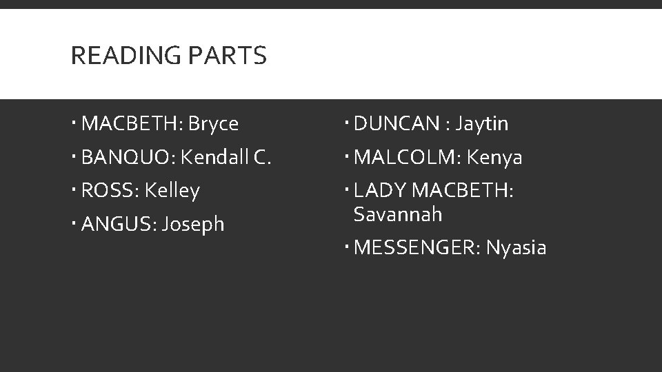 READING PARTS MACBETH: Bryce BANQUO: Kendall C. ROSS: Kelley ANGUS: Joseph DUNCAN : Jaytin