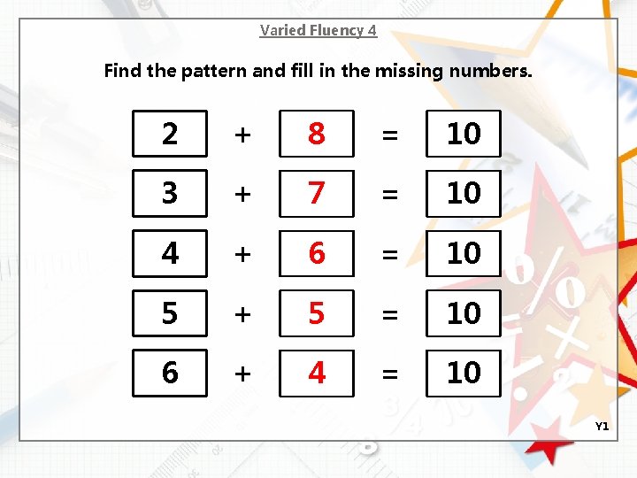 Varied Fluency 4 Find the pattern and fill in the missing numbers. 2 +