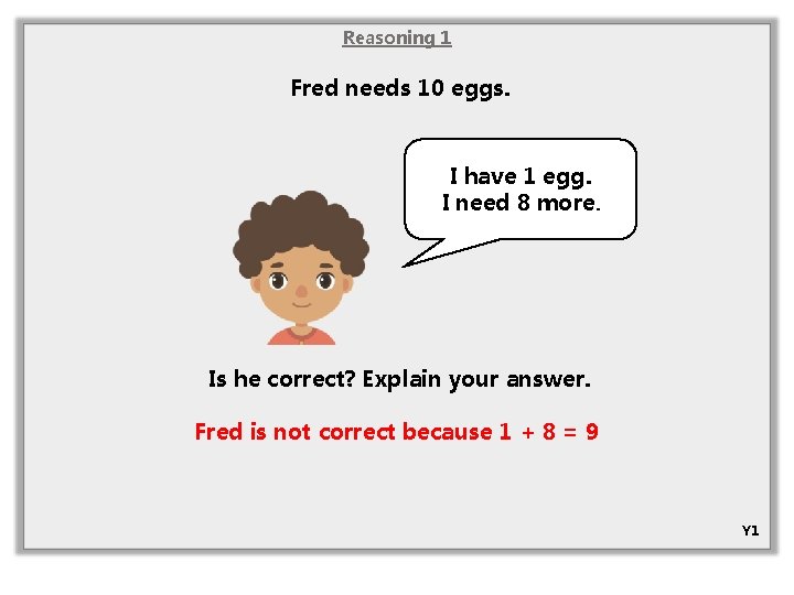 Reasoning 1 Fred needs 10 eggs. I have 1 egg. I need 8 more.