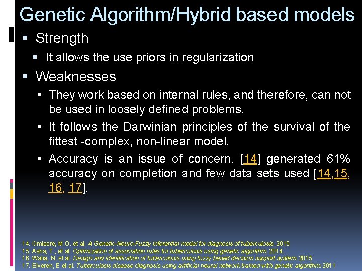 Genetic Algorithm/Hybrid based models Strength It allows the use priors in regularization Weaknesses They