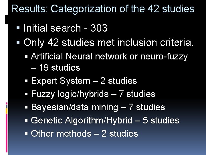 Results: Categorization of the 42 studies Initial search - 303 Only 42 studies met