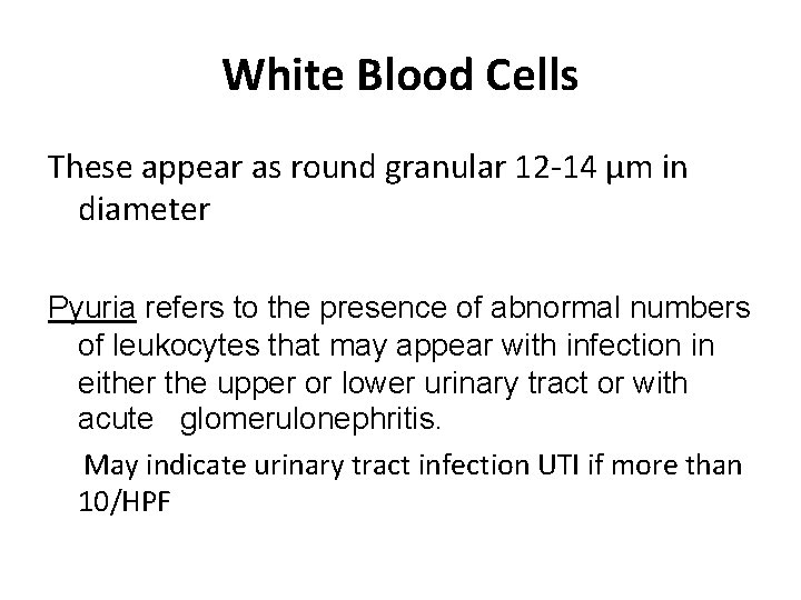 White Blood Cells These appear as round granular 12 -14 μm in diameter Pyuria
