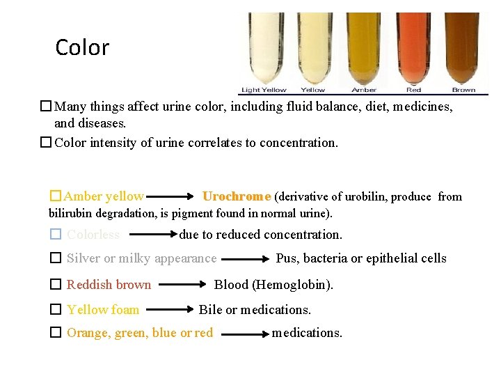 Color � Many things affect urine color, including fluid balance, diet, medicines, and diseases.