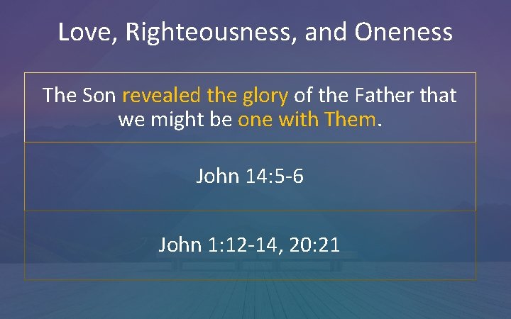 Love, Righteousness, and Oneness The Son revealed the glory of the Father that we