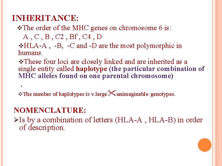 INHERITANCE: v. The order of the MHC genes on chromosome 6 is: A ,