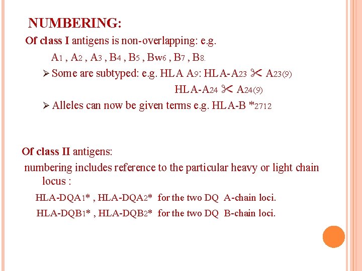 NUMBERING: Of class I antigens is non-overlapping: e. g. A 1 , A 2