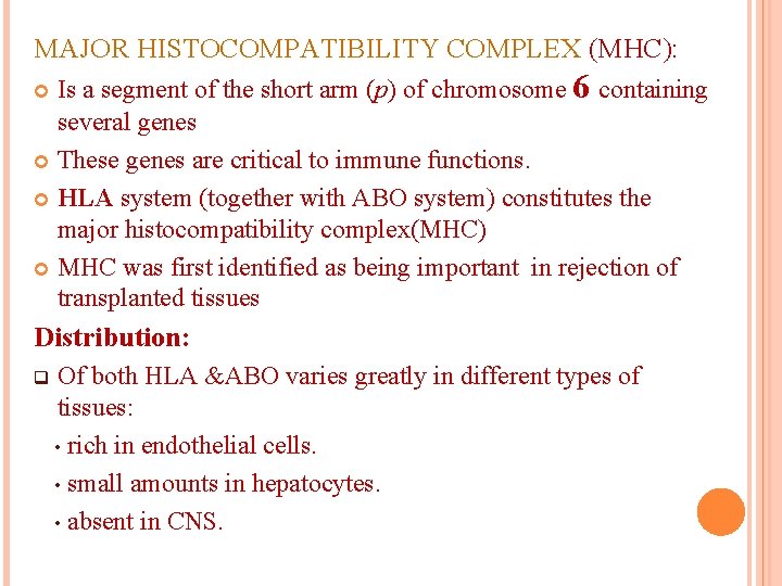 MAJOR HISTOCOMPATIBILITY COMPLEX (MHC): Is a segment of the short arm (p) of chromosome