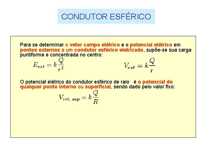 CONDUTOR ESFÉRICO Para se determinar o vetor campo elétrico e o potencial elétrico em