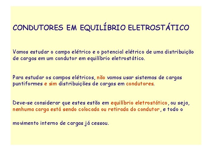 CONDUTORES EM EQUILÍBRIO ELETROSTÁTICO Vamos estudar o campo elétrico e o potencial elétrico de
