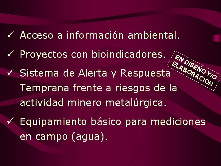 ü Acceso a información ambiental. ü Proyectos con bioindicadores. EN EL DISE AB OR