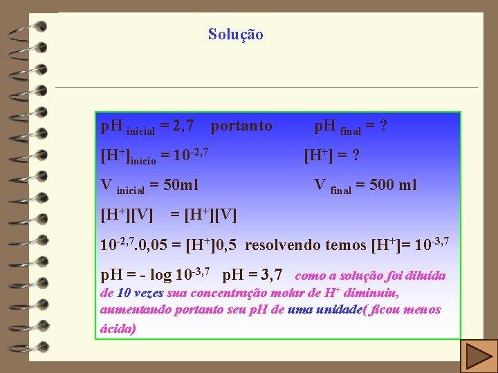 Solução p. H inicial = 2, 7 portanto [H+]início = 10 -2, 7 V