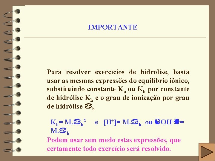 IMPORTANTE Para resolver exercícios de hidrólise, basta usar as mesmas expressões do equilíbrio iônico,